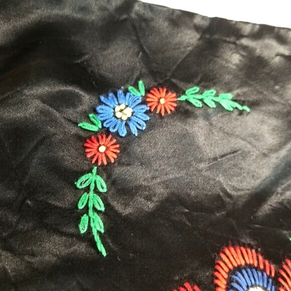 Peacock Satin Throw Pillow Cover Hand Embroidered 16X17 Black Red - Picture 9 of 11